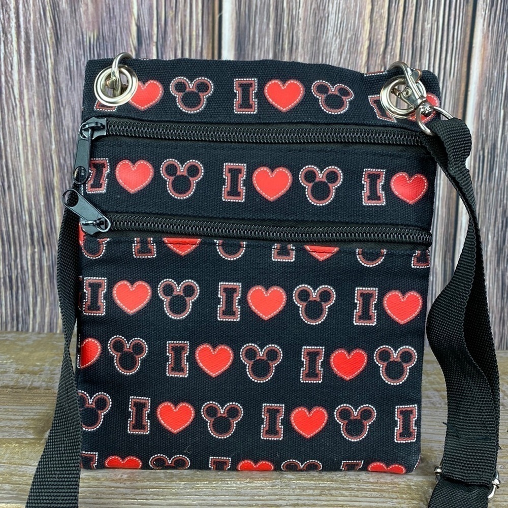 Disney Black & Red Crossbody ‘I ❤️ Mickey Image’ W/ 2 Zippered Pockets